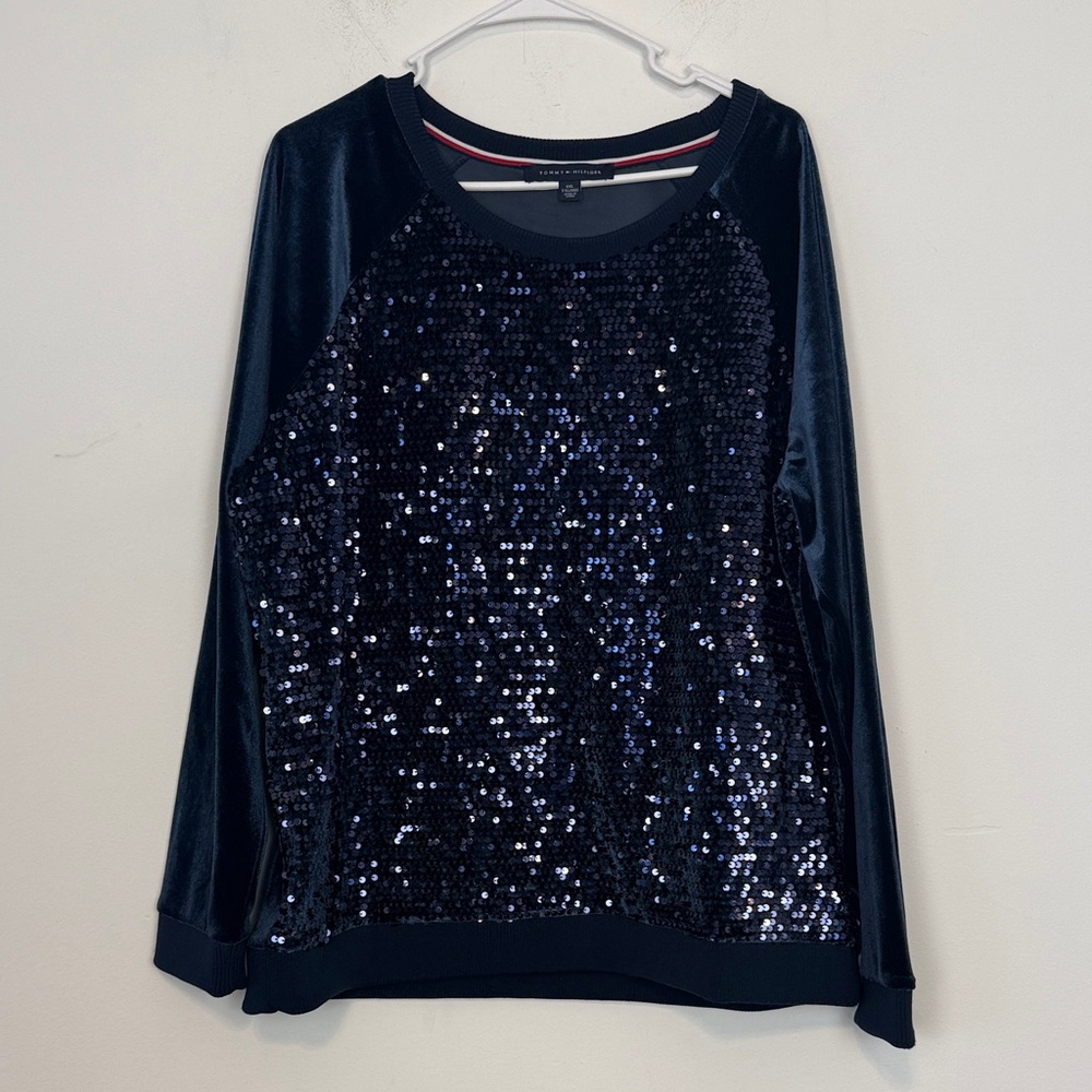 Tommy Hilfiger Lush Life Polished Front Sequined Sweater. Navy Blue. Size XXL.
